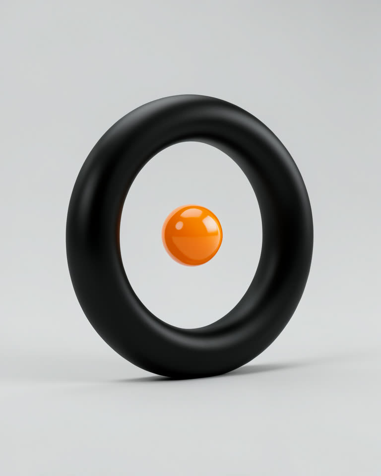 Cincin hitam dengan bola oranye di tengahnya, bentuk dari logo Oris